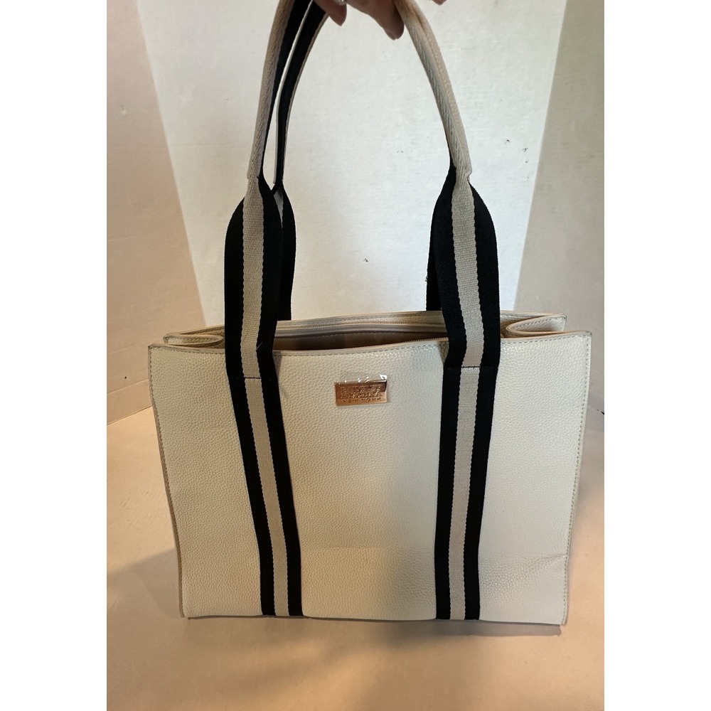 Bagdley Mischka Ivory Black Striped Tote Purse Handbag New